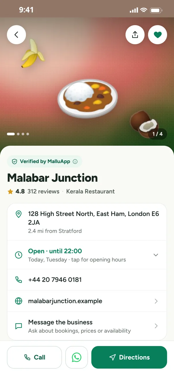Malabar Junction business page with verified badge, opening hours and call, WhatsApp and directions buttons