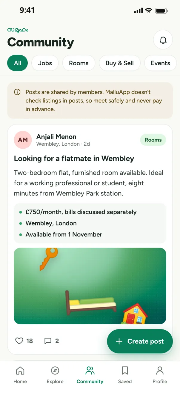 Community feed with posts about rooms, jobs and events