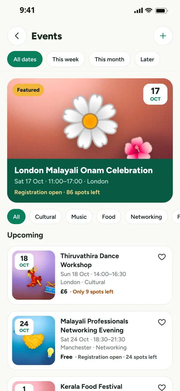 Events list with the London Malayali Onam Celebration featured