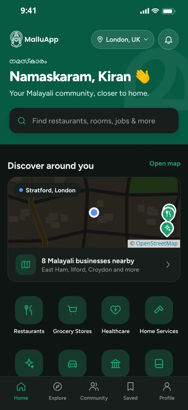 Home screen in dark mode