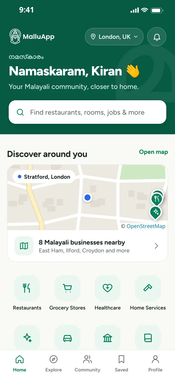 MalluApp home screen: Namaskaram greeting, search, nearby map and categories