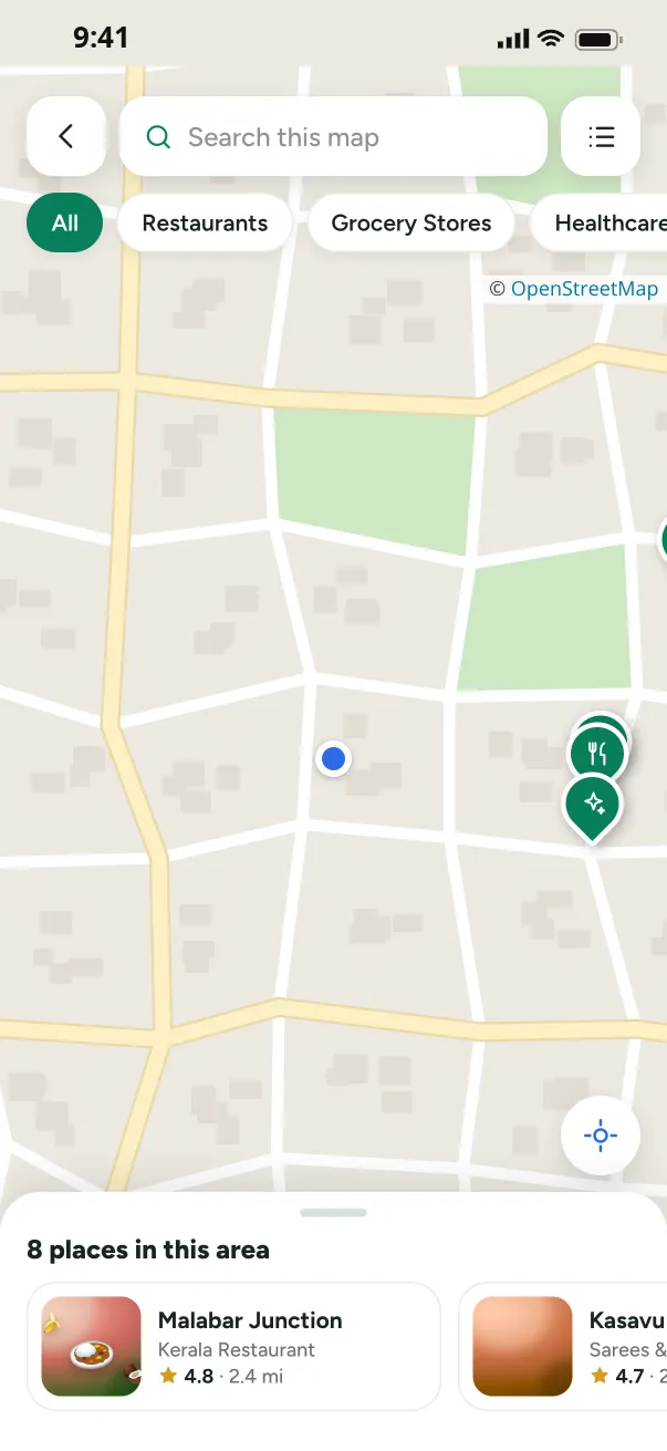 Map with category pins and a list of places in this area