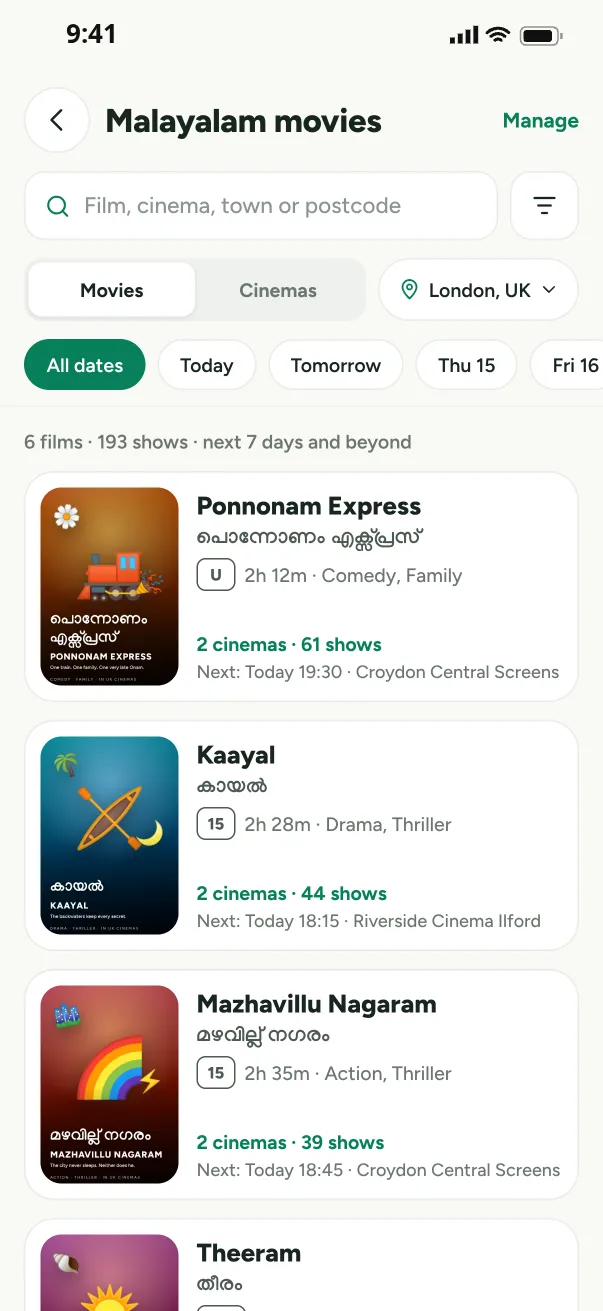 Malayalam movies showing in UK cinemas