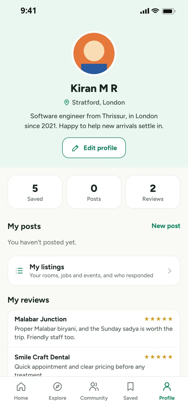 Profile with saved, posts and reviews counts