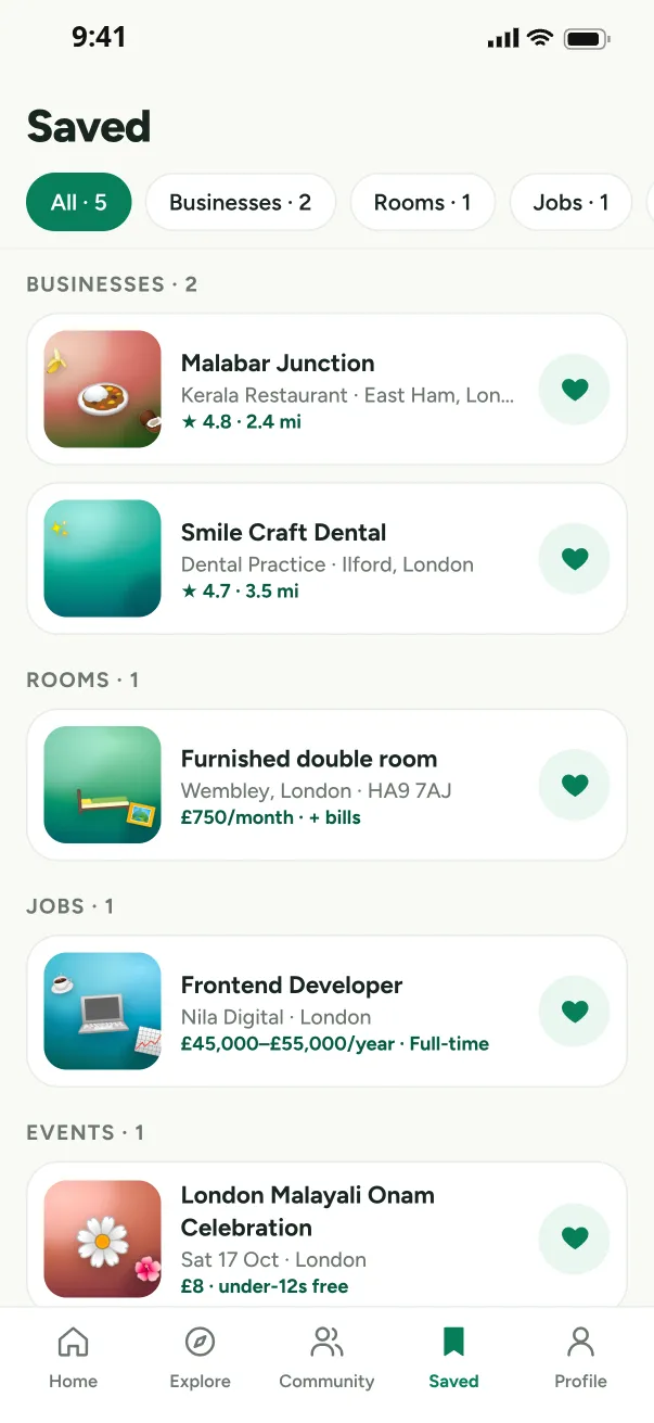 Saved screen grouping businesses, rooms, jobs and events